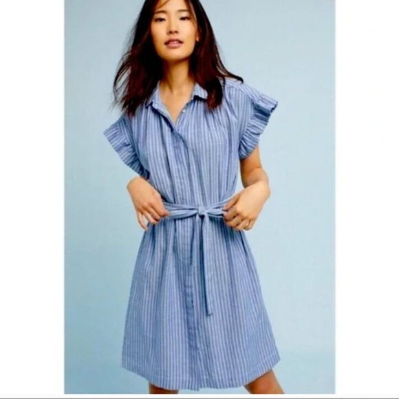 Anthropologie Isabella Sinclair Piper Flutter-Sleeve Stripe Shirtdress Size Smal - Picture 1 of 7